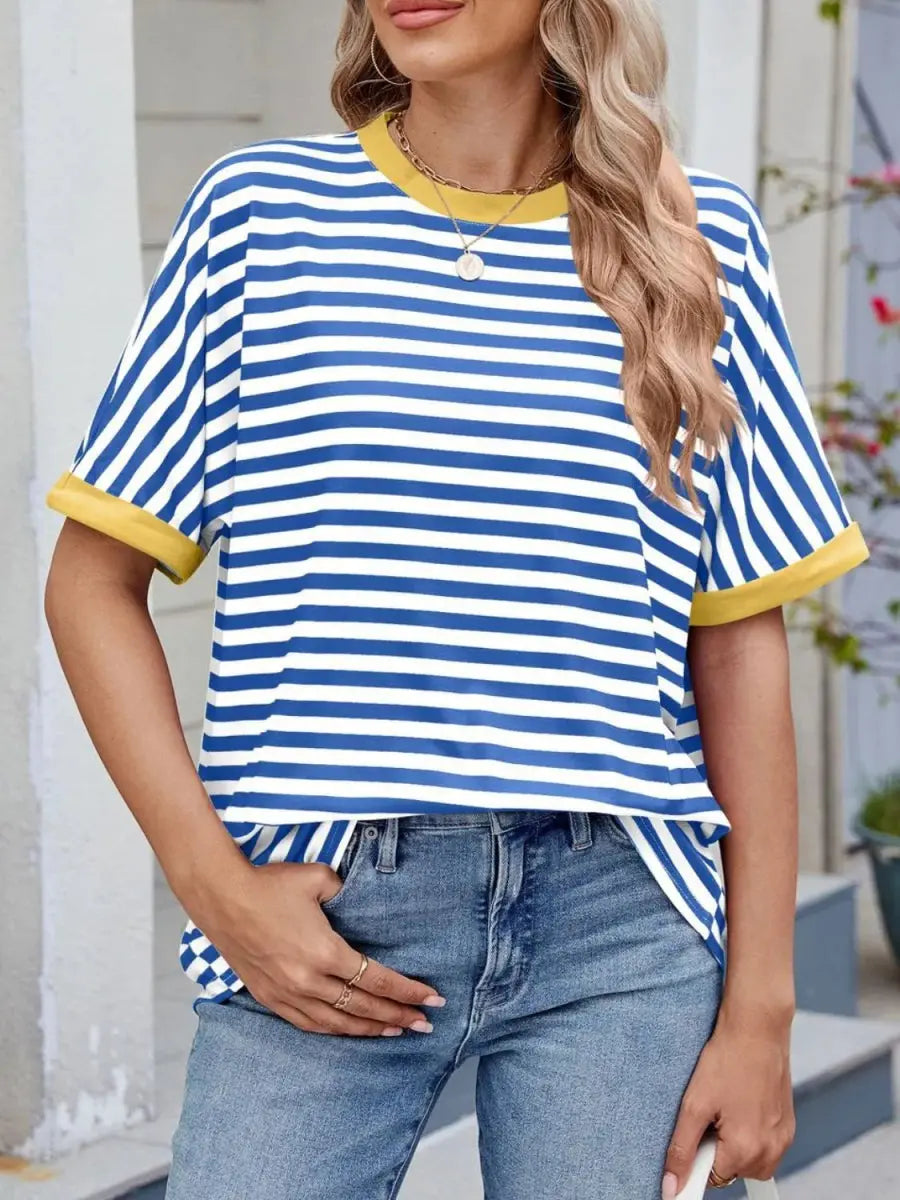 Stylish Striped Round Neck Half Sleeve T-Shirt for Women - Love Salve